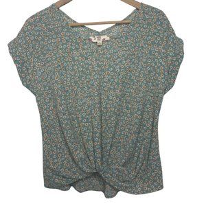 HIPPIE ROSE | Green Floral Print Short Sleeve with Front Knot | Size S